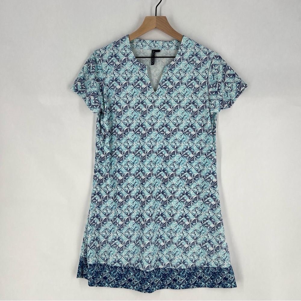 Aqua Et Sol Swim Cover-up Tunic Dress UPF 50 Short Sleeve Blue White Printed S
